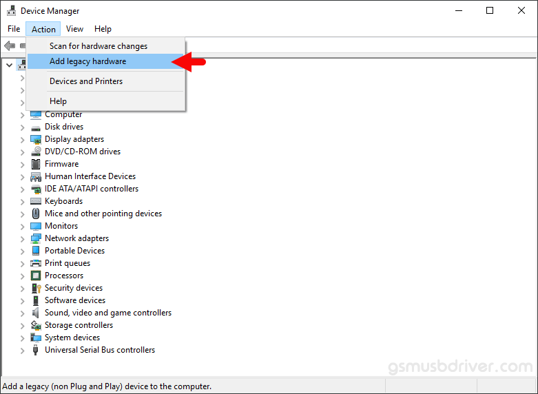 device manager add legacy hardware menu